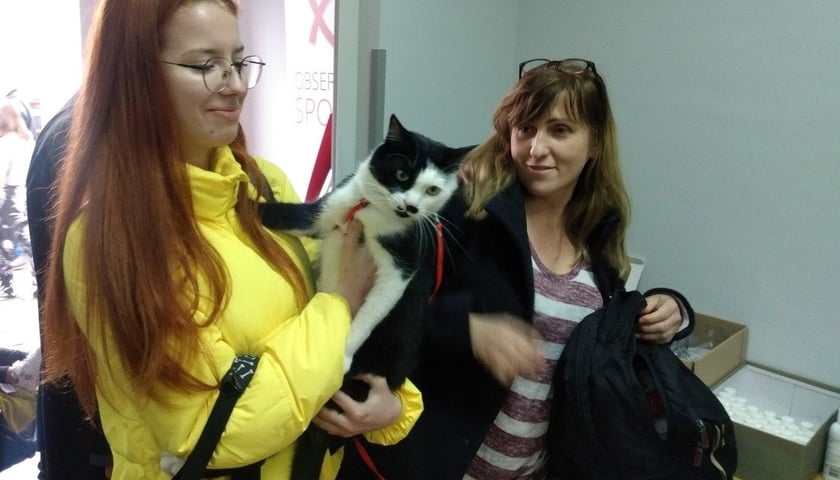 Swieta z Pawłogradu (z lewej) przyszła po dary ze swoim ukochanym kotem Dolfem, z którym uciekła przed rosyjskimi bombami z Ukrainy. Wielkanocną babką zamierza podzielić się ze swoim czworonożnym przyjacielem.