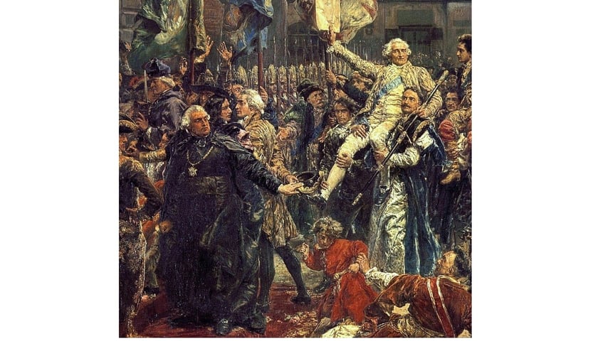Fragment obrazu Jana Matejki. Niesiony na barkach, w białym stroju ? marszałek Sejmu Wielkiego Stanisław Małachowski, po lewej, w czarnej sutannie ? Hugo Kołłątaj. Poniżej, przed pochodem, widać leżącego szlachcica szarpiącego dziecko ? to przekupiony przez Rosję poseł Jan Suchorzewski (dawano mu wygrywać w karty, co zaznaczył malarz), który robił wszystko, aby zakłócić obrady sejmu (gdzie wydarzyła się ta scena), grożąc nawet, że zabije swojego syna, jeśli Konstytucja zostanie uchwalona