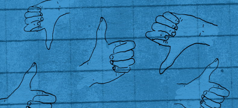 Rysunek przedstawiający kciuki skierowane w górę i w dół, grafika ilustracyjna.