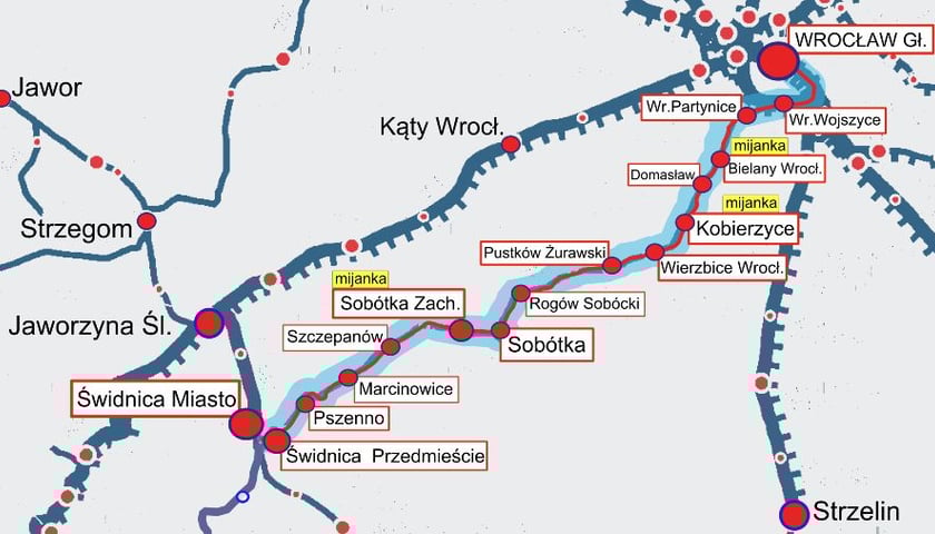Mapa przystanków na trasie z Wrocławia Głównego do Świdnicy Miasto