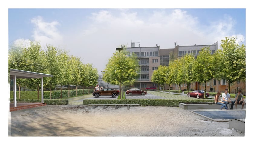 Zagospodarowanie terenu przy buynku nr 2 ? Paula Heima, obecnie siedziba Dolnośląskiego Oddziału Izby Architektów. W głębi widoczny budynek nr 7  Adolfa Radinga. Wizualizacja projektowa
