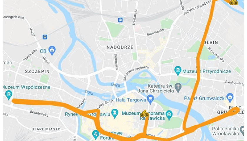 5 czerwca 2022 utrudnienia w ruchu, mapa przejazdu cyklistów Wrocławskie Święto Rowerzysty
