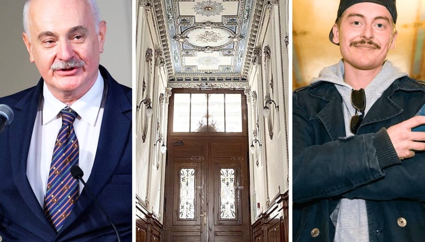 Dwóch mężczyzn: Maciej Łagiewski, Filip Heliasz, sień kamienicy we Wrocławiu