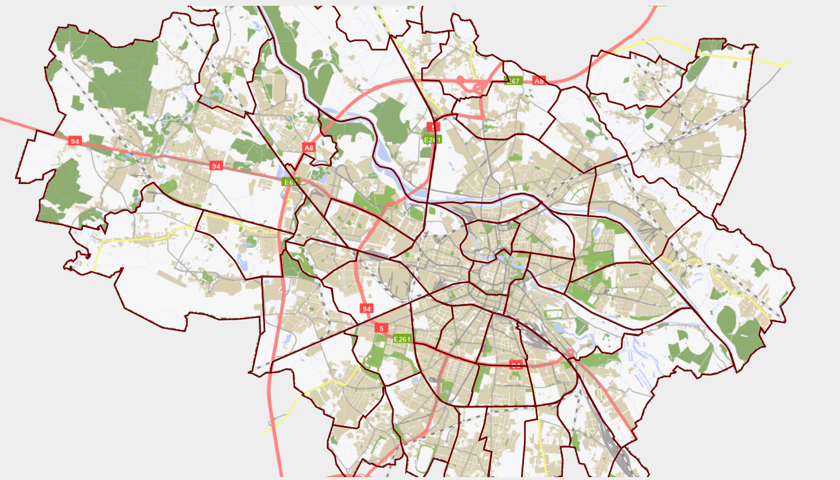 Podział Wrocławia na osiedla, grafika ilustracyjna. Zapoznaj się z dokumentem "Zasady współpracy komórek organizacyjnych Urzędu Miejskiego Wrocławia oraz miejskich jednostek organizacyjnych z jednostkami pomocniczymi Gminy Wrocław"