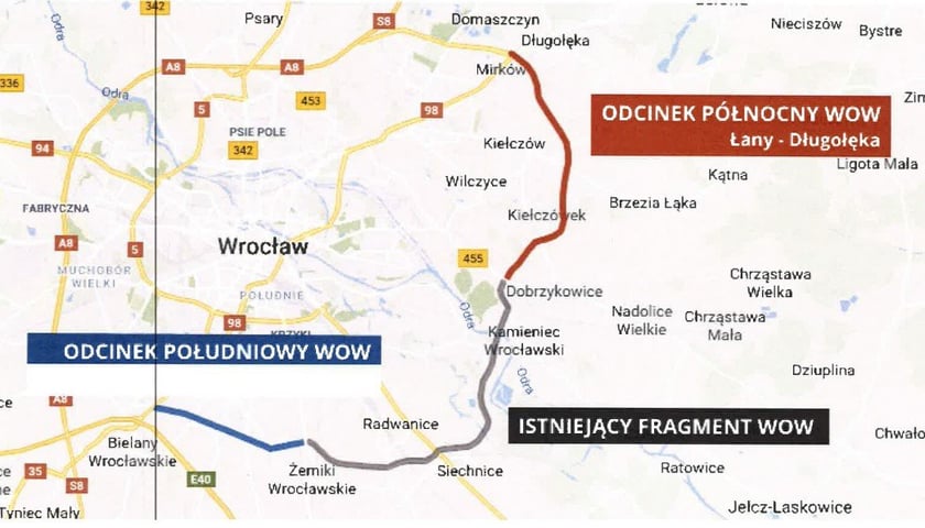 Przebieg wschodniej obwodnicy Wrocławia z budowanym fragmentem pomiędzy Łanami a Długołęką