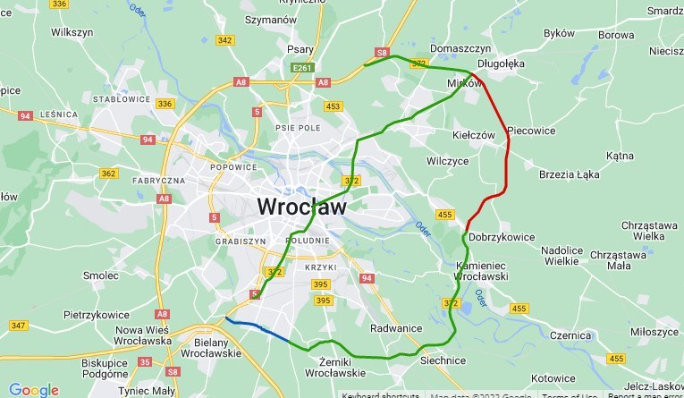 Przebieg wschodniej obwodnicy Wrocławia z budowanym fragmentem pomiędzy Łanami a Długołęką