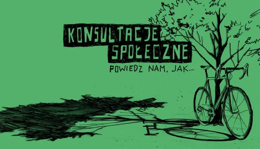 Napis na zielonym tle: "Konsultacje społeczne. Powiedz nam, jak". Z prawej strony rysunek roweru opartego o drzewo. Grafika ilustracyjna