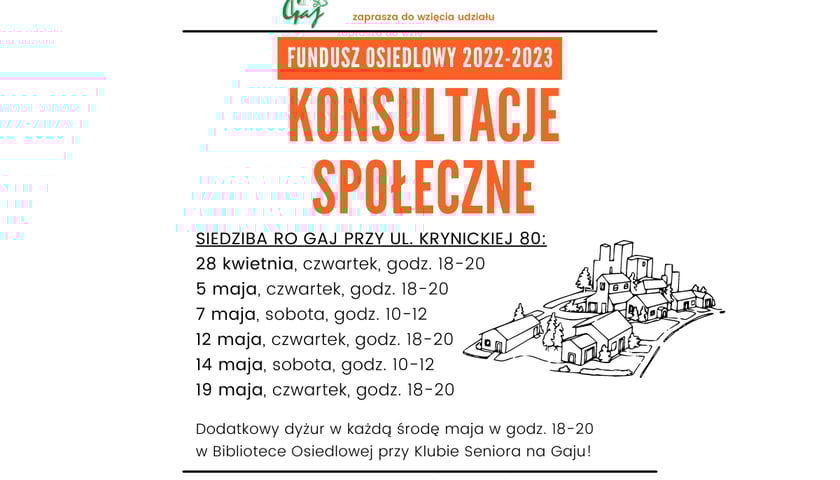harmonogram konsultacji Funduszu Osiedlowego 2022-2023 na osiedlu Gaj