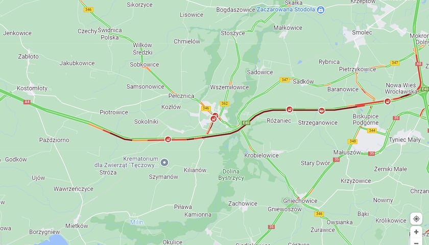 na mapie autostrada A4 pod Wrocławiem
