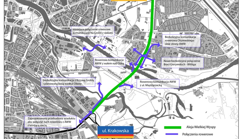 Mapa przedstawiająca połączenia rowerowe tworzone w ramach Alei Wielkiej Wyspy
