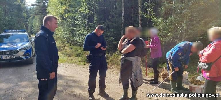 Na zdjęciu grzybiarze, którzy zabłądzili w lesie, ale na szczęście zostali odnalezieni przez dolnośląskich policjantów