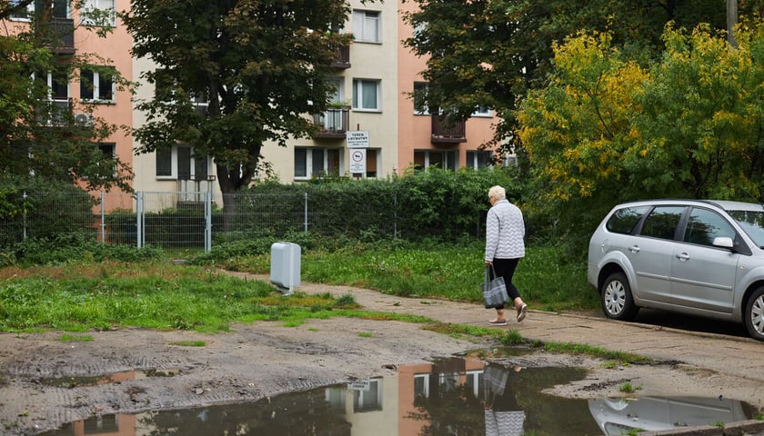 Na zdjęciu starsza pani idąca ścieżką w stronę bloku, na pierwszym planie olbrzymia kałuża. Podwórko w kwartale ulic: Pereca, Szczęśliwej, Jemiołowej i Lwowskiej.