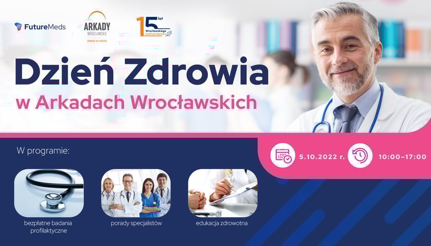 ulotka zachęcająca i i informująca o darmowych badaniach lekarskich dla seniorów 5 października