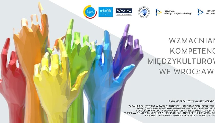Plakat projektu na którym narysowano w technice 3D sześć wzniesionych w górę rąk, każda w innym kolorze. Napis: ?Wzmacniamy kompetencja międzykulturowe we Wrocławiu!? Na górze logotypy partnerów projektu. Na dole informacja tekstowa o realizacji zadania przy wsparciu UNICEF.