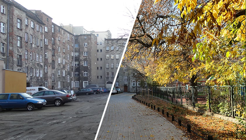 Widok na podwórko przy ul. Henryka Pobożnego we Wrocławiu przed i po zmianach.