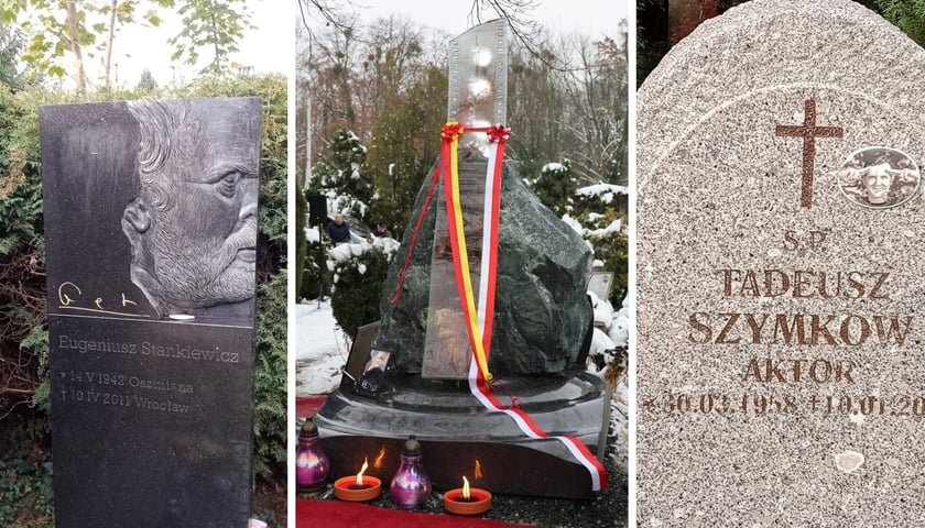 Od lewej grób artysty grafika - Eugeniusza Geta Stankiewicza na Cmentarzu Osobowickim, obok grób reżysera Sylwestra Chęcińskiego na Cmentarzu Grabiszyńskim, z prawej grób aktora Tadeusza Szymkowa na Osobowickim