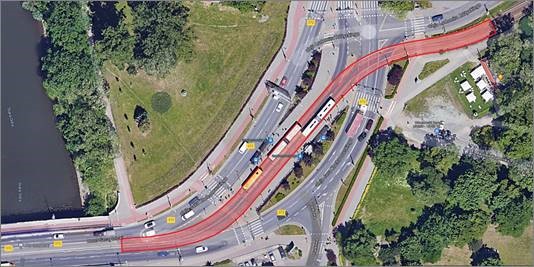 Mapa z zaznaczonym odcinkiem remontowanego torowiska w ul. Kochanowskiego