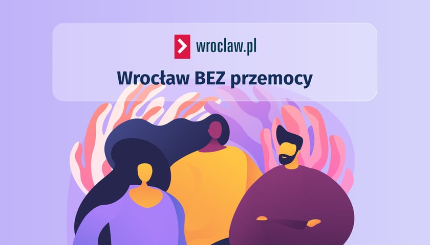Grafika promująca program „Wrocław BEZ przemocy" – logo wroclaw.pl oraz ilustracja przedstawiająca trzy osoby stojące obok siebie na fioletowym tle z roślinnymi motywami.