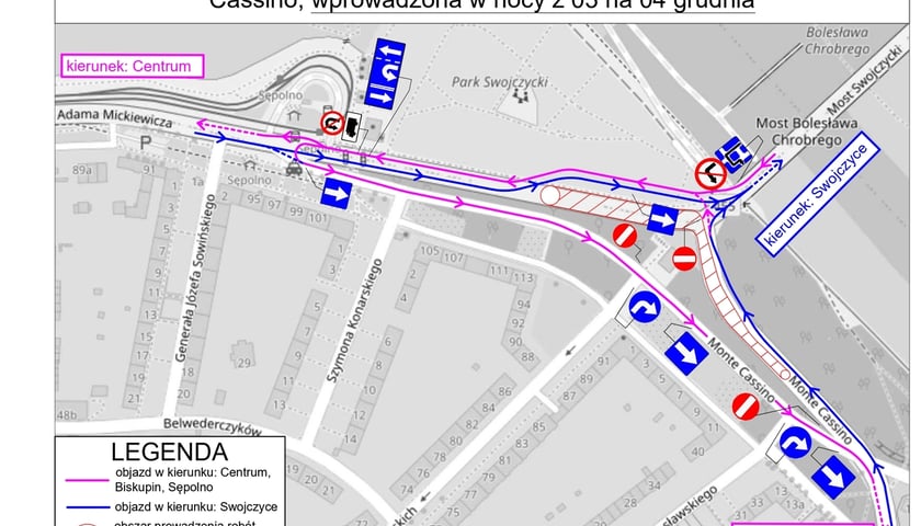 Mapka przedstawiająca tymczasową organizację ruchu przy skrzyżowaniu ulic Mickiewicza i Monte Cassino, obowiązującą od 3 grudnia 2022