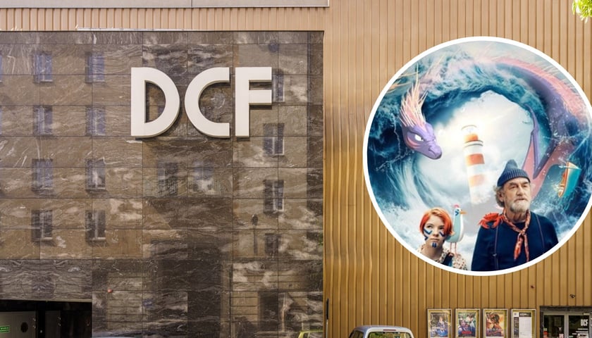 Na dużym zdjęciu fragment budynku Kina DCF, w kółku fragment plakatu filmu „Dziadku, wiejemy!”, który ma premierę w tym tygodniu