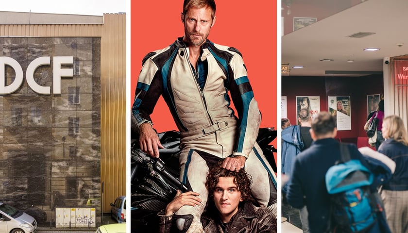 Na zdjęciu z lewej napis DCF na kinie, w środku fragment plakatu filmu „Pillion”, z prawej foyer w Kinie DCF