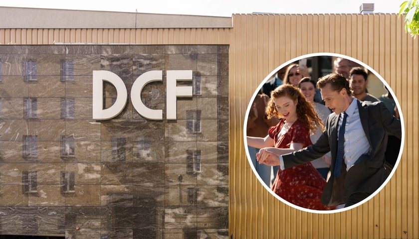 Na dużym zdjęciu fragment budynku Kina DCF, w kółku fragment plakatu filmu „Życie Chucka”