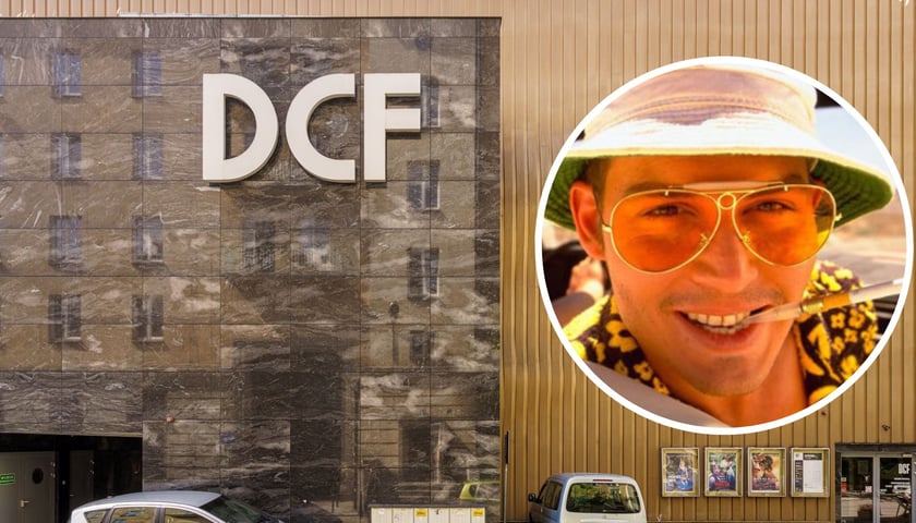 Na dużym zdjęciu fragment budynku Kina DCF, w kółku fragment plakatu filmu „Las Vegas Parano”