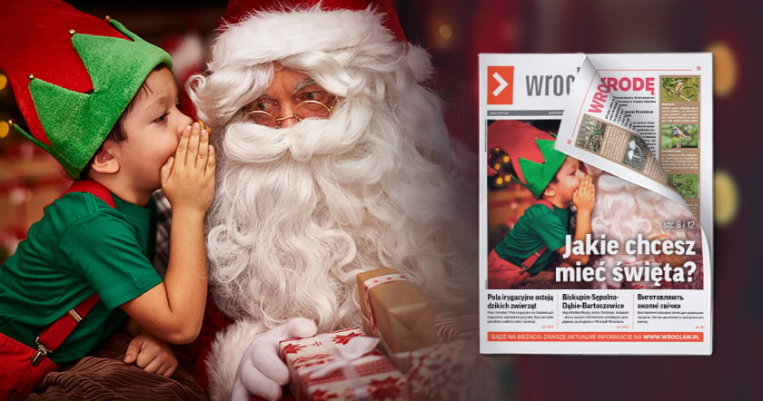 okładka najnowszego biuletynu wroclaw.pl: chłopiec szepcze na ucho św. Mikołajowi, co by chciał dostać pod choinkę