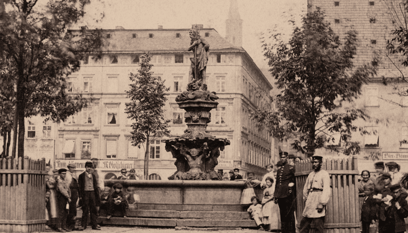 Fontanna Neptuna na placu Nowy Targ przed przebudową, lata 1870-1880