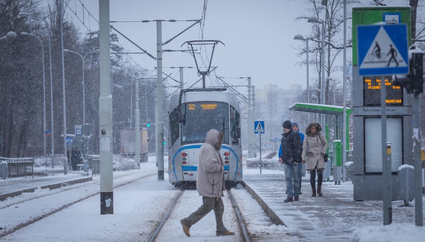 Na zdjęciu: wrocławianie na przystanku, przy którym jest także tramwaj linii 32