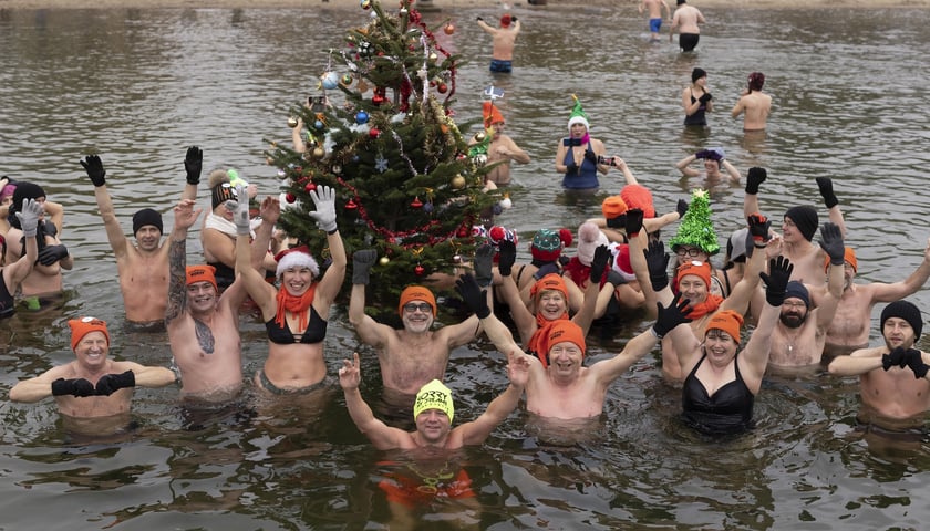 Na zdjęciu ludzie w wodzie trzymają choinkę świąteczną