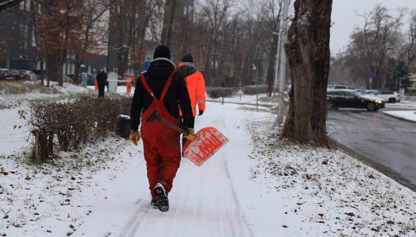 Pierwszy śnieg tej zimy spadł we Wrocławiu w niedzielę wieczorem. Na zdjęciu widać mężczyznę niosącego zaśnieżonym chodnikiem szuflę do zgarniania śniegu.