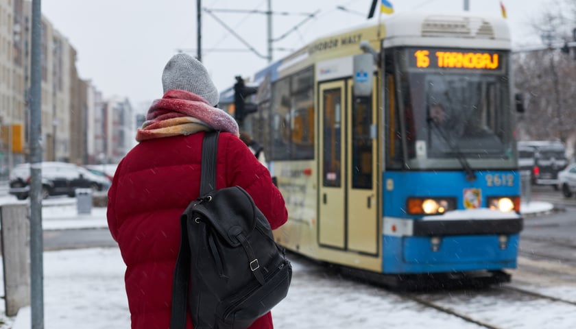 Na zdjęciu osoba stojąca w mrozie na przystanku tramwajowym [zdjęcie ilustracyjne] 