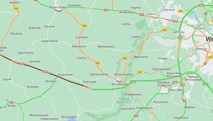 Korek na autostradzie A4 między Kostomłotami a Kątami Wrocławskimi