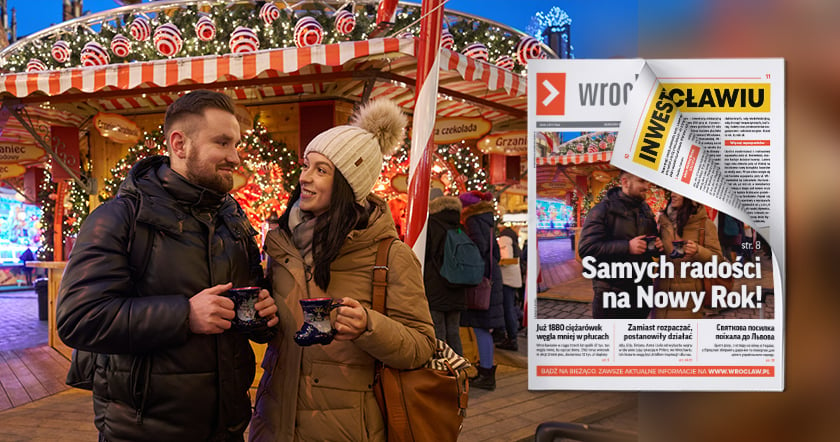 Okładka nowego biuletynu - młoda kobieta i mężczyzna na bożonarodzeniowym jarmarku we Wrocławiu z kubkami z grzańcem patrzą na siebie