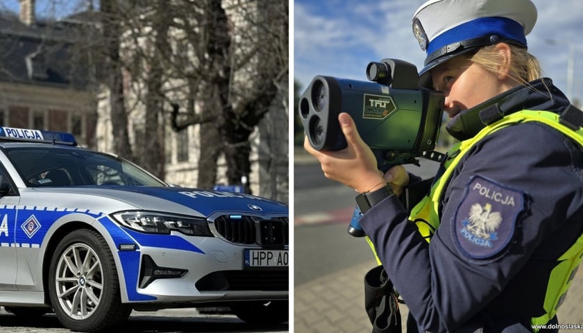 Radiowóz, policjantka z ręcznym fotoradarem. W okresie świątecznym będzie więcej policyjnych kontroli 