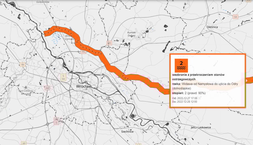 Mapa przedstawiająca ostrzeżenie hydrologiczne na Widawie 28.12.2022