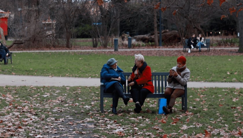 Na zdjęciu widać trzy seniorki siedzące na ławce w parku we Wrocławiu. Zdjęcie ilustracyjne