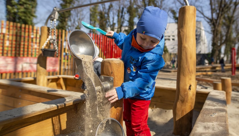 Plac zabaw "Leśnie Duchy - TarnoDuchy" to jeden z projektów zrealizowanych dzięki WBO. Na zdjęciu kilkuletni chłopiec bawiący się na placu zabaw.