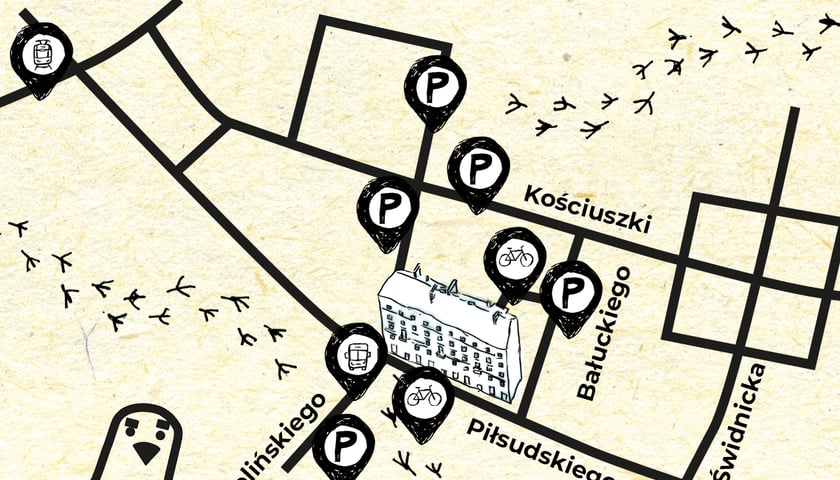 Mapa przedstawiająca fragment Wrocławia w rejonie ulicy Piłsudskiego. Napis: "Jak trafić do Odlotu?" Na mapie zaznaczono siatkę ulic, przystanki komunikacji miejskiej oraz kamienicę, w której mieści się "Odlot. Strefa Partycypacji"