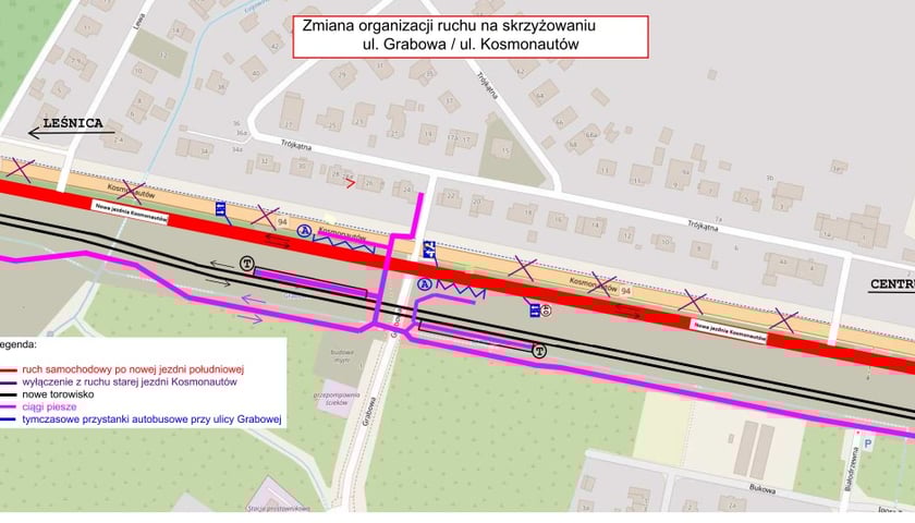 Mapa ze zmianami na skrzyżowaniu Kosmonautów z Grabową