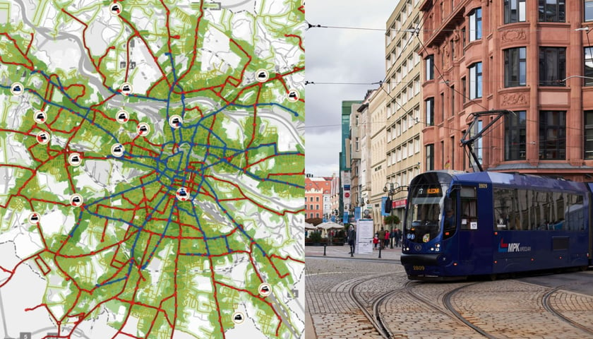 Na zdjęciu mapa dostępności komunikacyjnej Wrocławia oraz tramwaj MPK