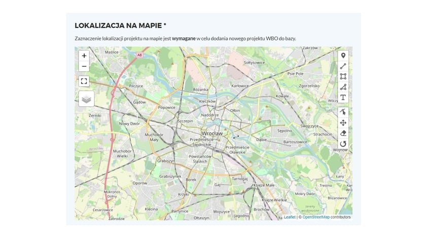 Widok na formularz zgłaszania projektu do WBO 2023 - mapa miasta