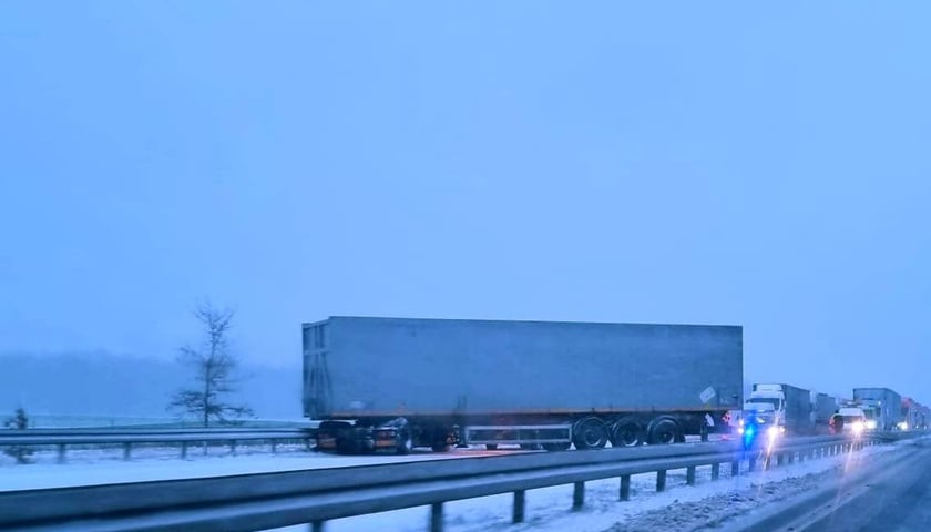 Na zdjęciu widać blokującą drogę ciężarówkę na S8