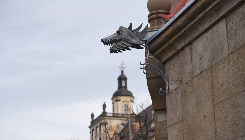 Na zdjęciu: rzygacz w kształcie pyska surrealistycznego stwora na budowli przed mostem Pomorskim Południowym