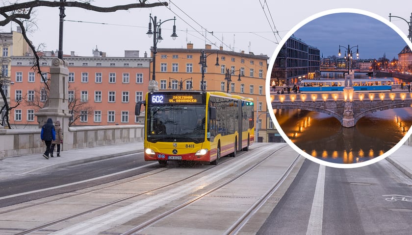 Na zdjęciu otwarte mosty Pomorskie we Wrocławiu po trzyletnim remoncie - jadący autobus oraz oświetlenie