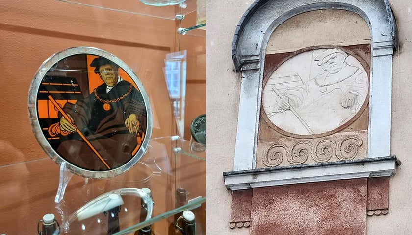 Na zdjęciu szyld browaru Schultheiss z wizerunkiem właściciela browaru oraz płaskorzeźba z Schultheissem na fasadzie kamienicy przy ul. Jedności Narodowej