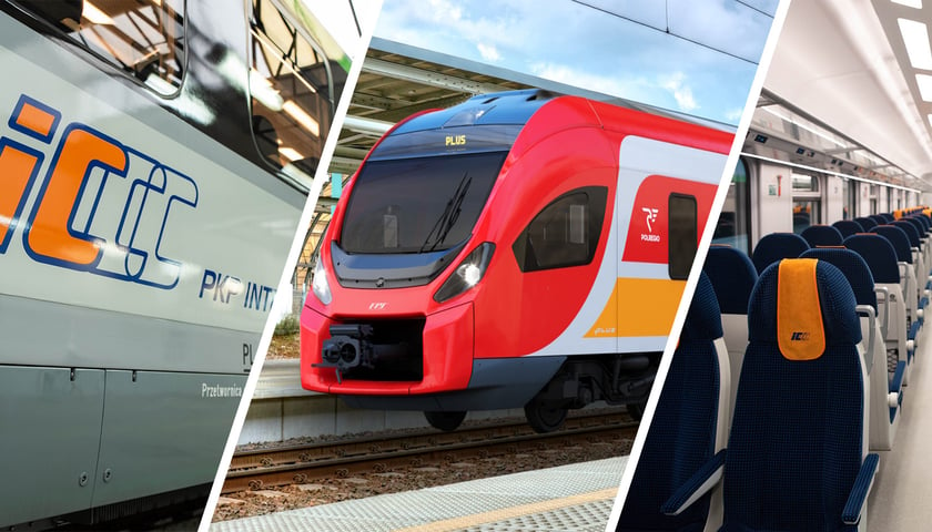 Na zdjęciu nowe wagony Intercity oraz czerwony pociąg Polregio