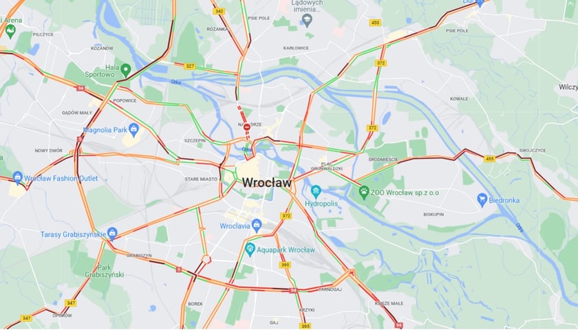 Na mapie widać korki we Wrocławiu - piątek 3 lutego, godz. 8.30
