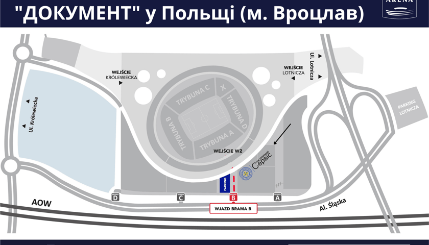 Mapa Tarczyński Arena Wrocław z mobilnym punktem paszportowym dla Ukraińców
